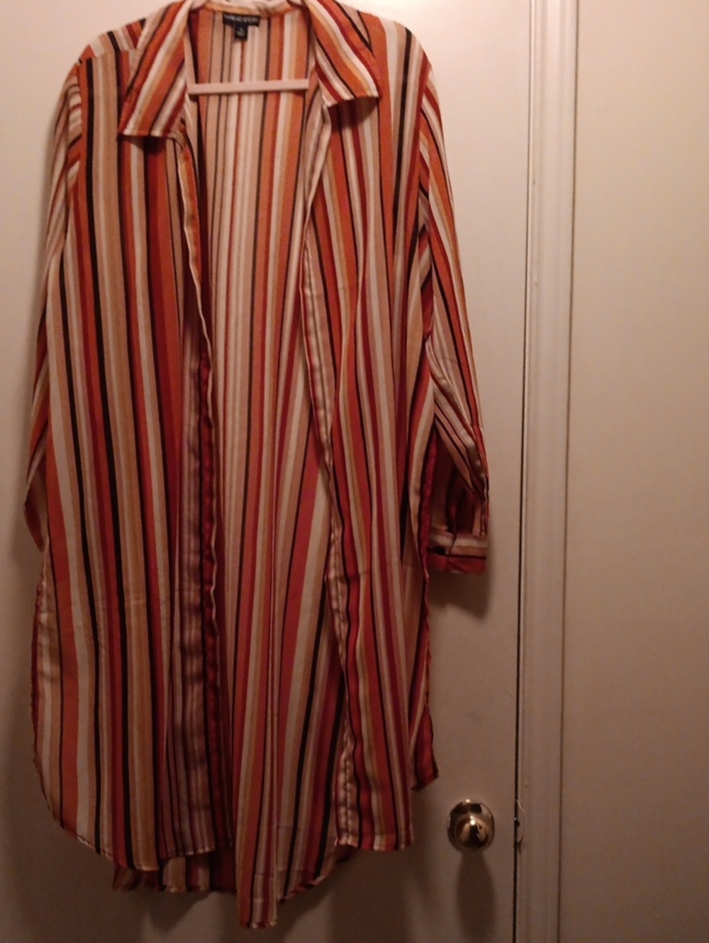 Striped Long Open Front Duster - Rust, Cream & Pink